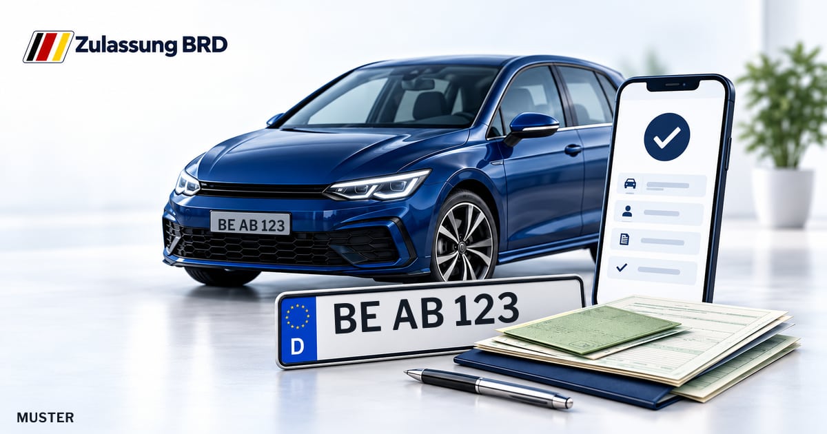 Online Fahrzeugzulassung in Beckum: Musterkennzeichen BE AB 123, Auto und Fahrzeugpapiere und Smartphone. Illustration mit Logo von Zulassung BRD.